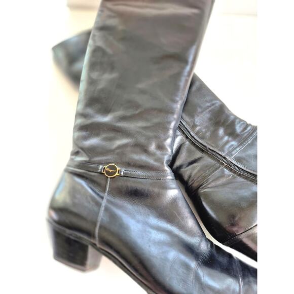 Ferragamo Boots Womens 7 B Black Italian Leather Knee High Mid Heel Quiet Luxury - Picture 5 of 10